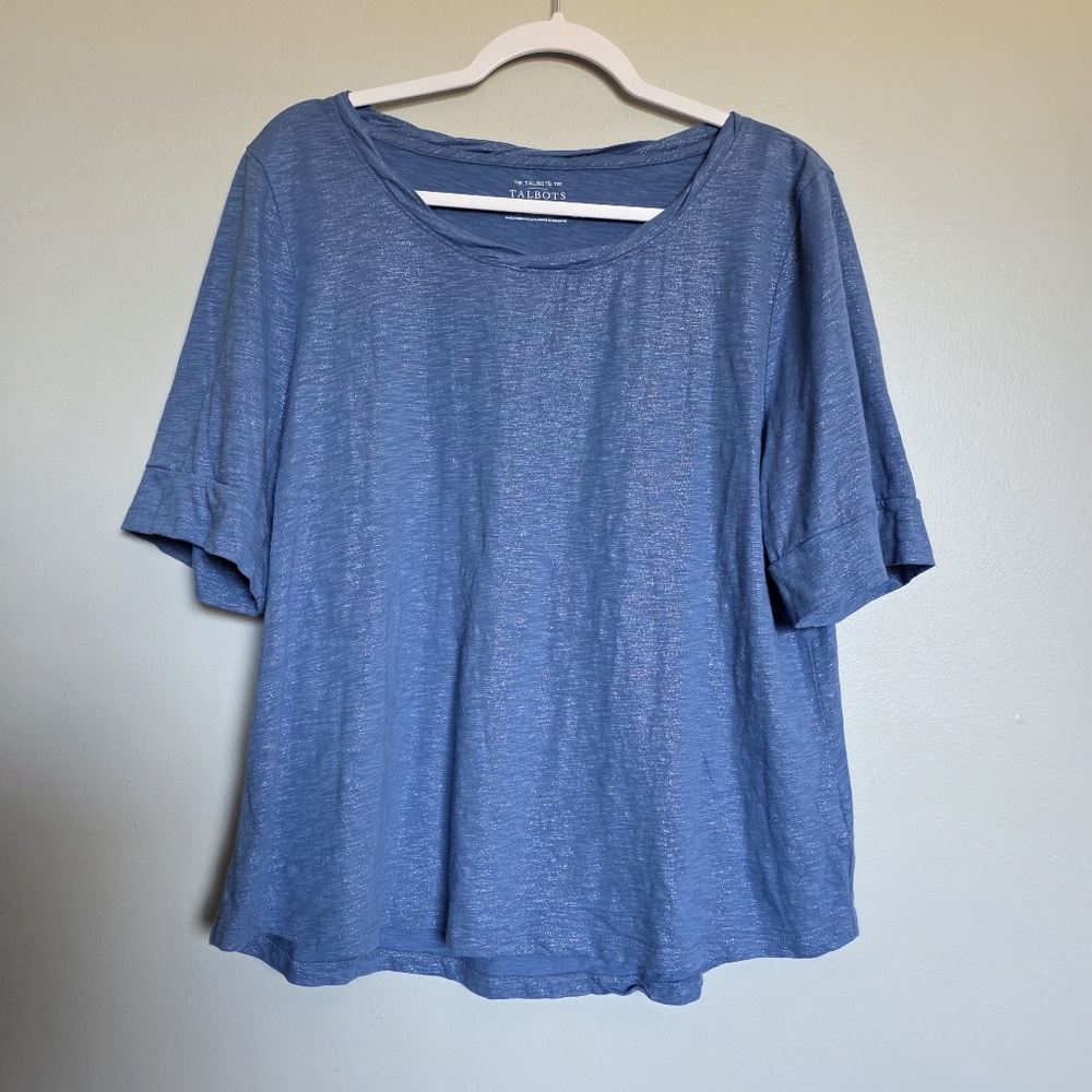 Talbots Shimmer Knit Short Sleeve Tee Blue Metallic Sparkle Cotton Modal XL